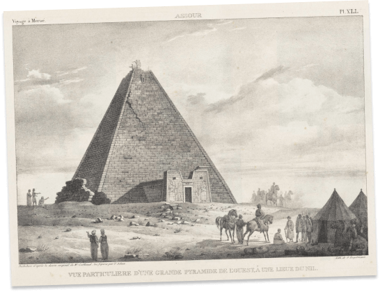 A vintage illustration from the 1800s depicts a large imposing pyramid that's mostly intact.