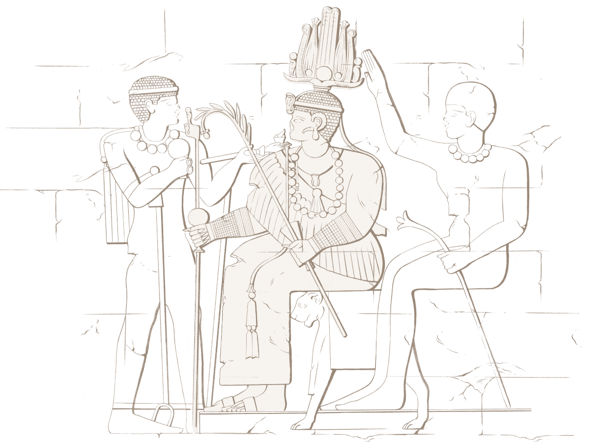 La reina Amanishajeto, sentada en un trono con una corona ornamentada, acompañada de dos cortesanos.
