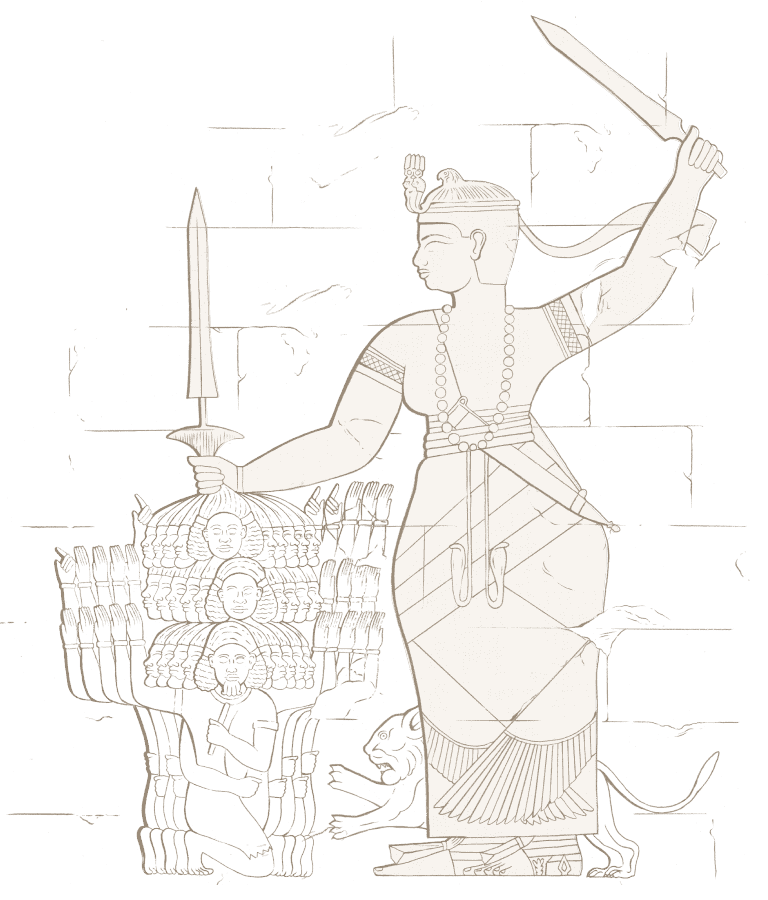 Illustration basée sur une véritable sculpture en pierre de cette reine la montrant debout dans une pose victorieuse, tenant deux épées, au-dessus de la représentation symbolique d'une armée ennemie.