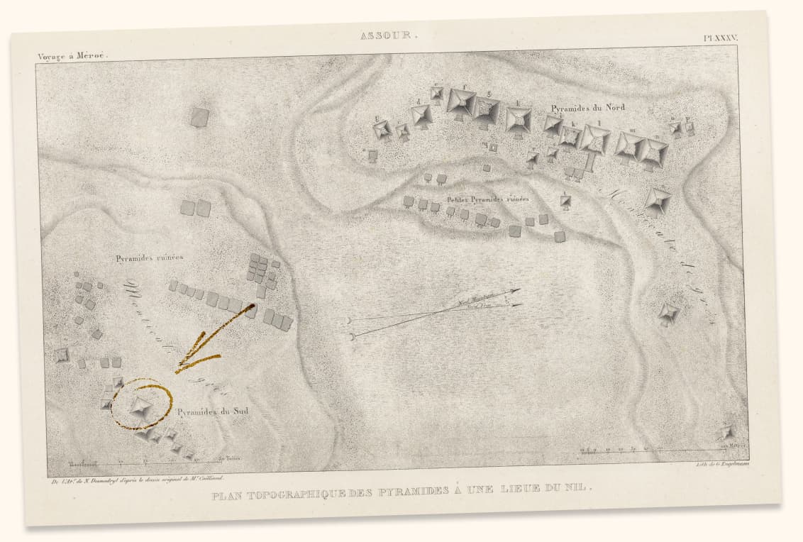 En un antiguo mapa de Meroe aparece señalada una pirámide en la esquina inferior izquierda.